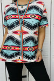 L, 2X, 3X White, Turquoise & Red Aztec print short sleeve top