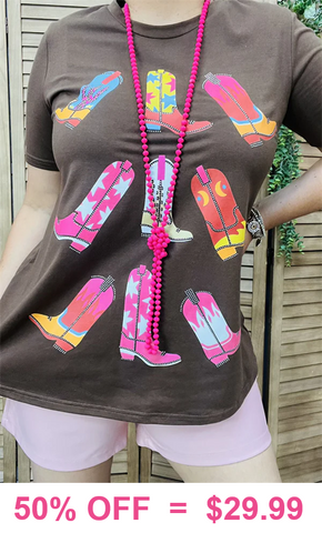 Brown Top with Colorful Cowgirl boots Bling trim