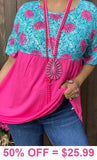 Pink concho & Turquoise tooled leather print top