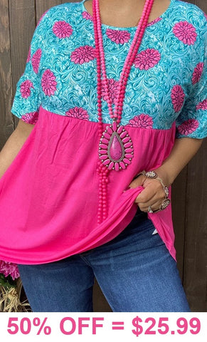 Pink concho & Turquoise tooled leather print top