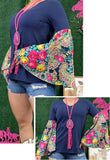 Navy Top with Floral Paisley Bell Sleeves