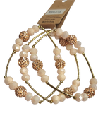 3pc Cream & Rose Gold Paved Bead Crystal Beaded Bracelet With Gold Color Accent Bar Set