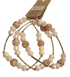 3pc Cream & Rose Gold Paved Bead Crystal Beaded Bracelet With Gold Color Accent Bar Set