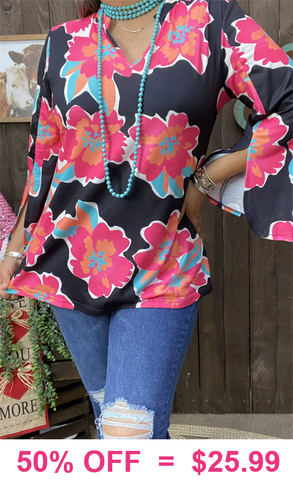 Black top Pink floral split bell sleeves