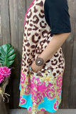 Leopard Dress with pink, turquoise, & gold scroll