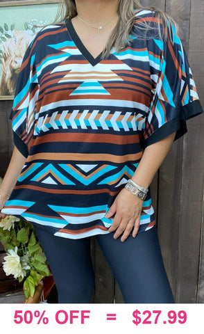 Turquoise, Navy Blue, Brown tribal top