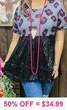 Black sequin baby doll top with grey & pink leopard