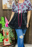 Black sequin baby doll top with grey & pink leopard