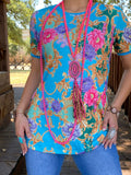 Turquoise Top with Pink Purple Floral and Gold scroll