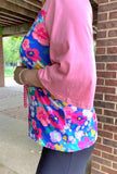 Blue Floral top with pink bell sleeves