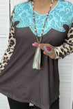 Turquoise tooling, Brown top with leopard sleeves