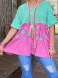 S, M, L, XL, 3X Mint & Pink Baby Doll Top