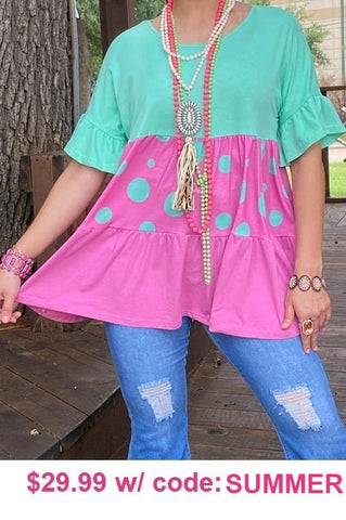 S, M, L, XL, 3X Mint & Pink Baby Doll Top