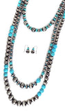 Silver & Turquoise Three 3 Strand Long Layered Necklace