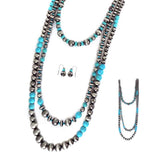 Silver & Turquoise Three 3 Strand Long Layered Necklace