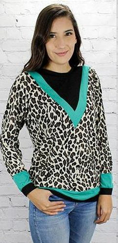 SMALL : Turquoise Trim Leopard Long Sleeve Top