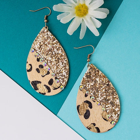 Half Leopard / Half GOLD Glitter teardrop earrings with bling