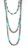 Silver & Turquoise Three 3 Strand Long Layered Necklace