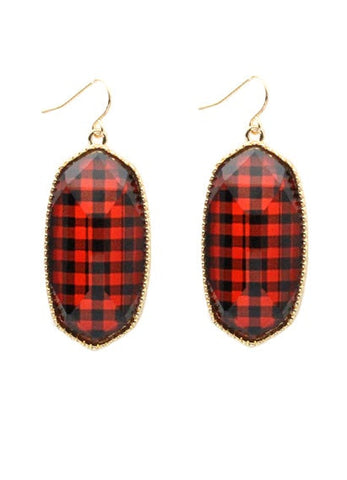 Red Checkered Plaid Oval Earrings with gold trim