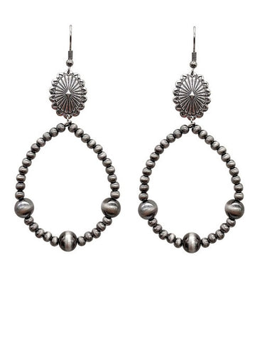 *Silver Dangle Concho, Navajo Pearl Beaded, Teardrop Outline Earrings