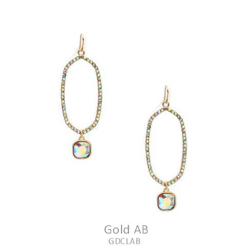 Gold AB Bling Thin Outline Oval Earrings with Rhinestone charm